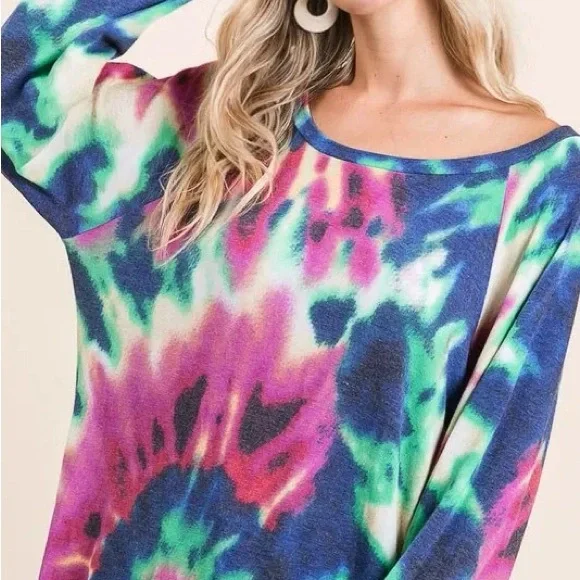 BiBi Tie Dye Print Terry Top with Puff Sleeves - Picture 8 of 10